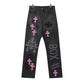 Cross-stitched embroidered washed jeans, couple loose jeans