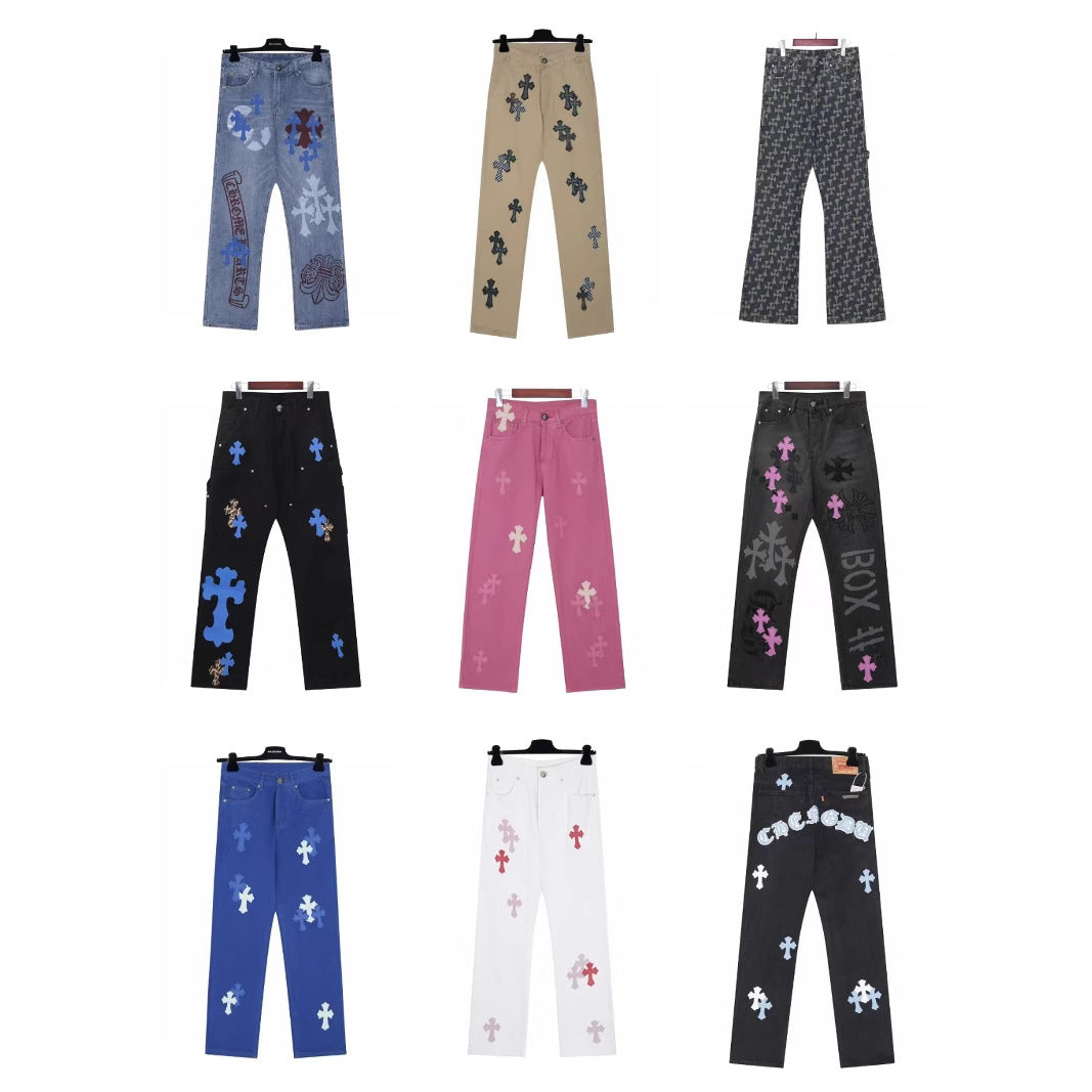 Cross-stitched embroidered washed jeans, couple loose jeans