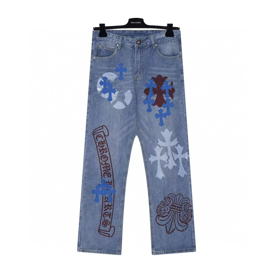Cross-stitched embroidered washed jeans, couple loose jeans