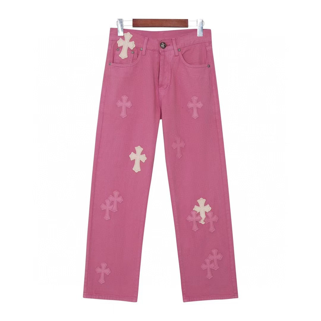 Cross-stitched embroidered washed jeans, couple loose jeans