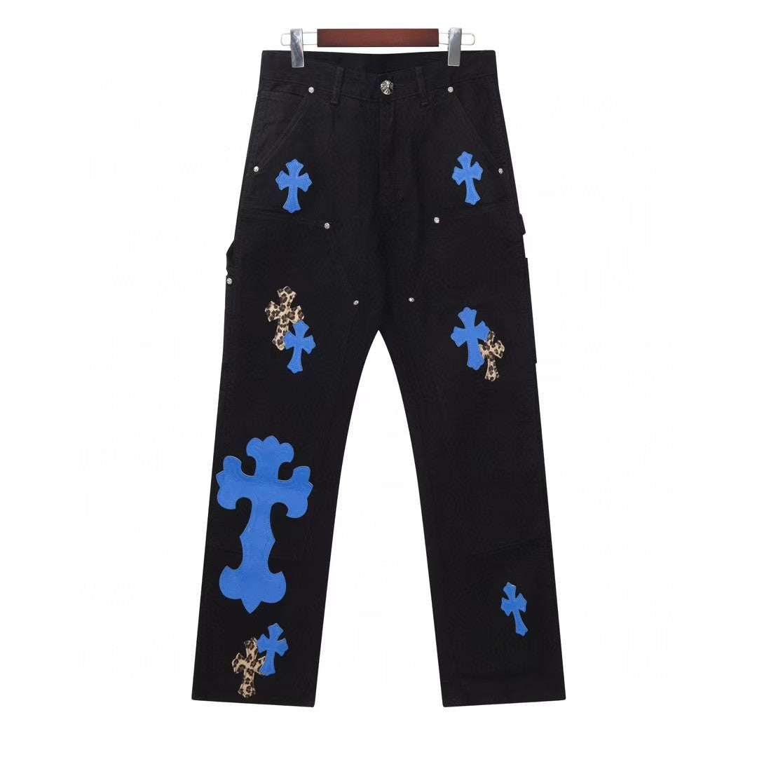 Cross-stitched embroidered washed jeans, couple loose jeans